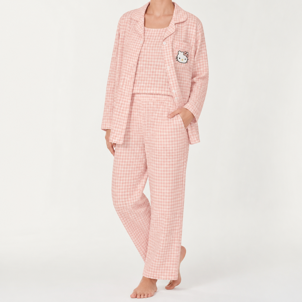Rosalind | Womens Long Sleeve Button Up Cotton Pyjama Set Loungewear, Pink 2