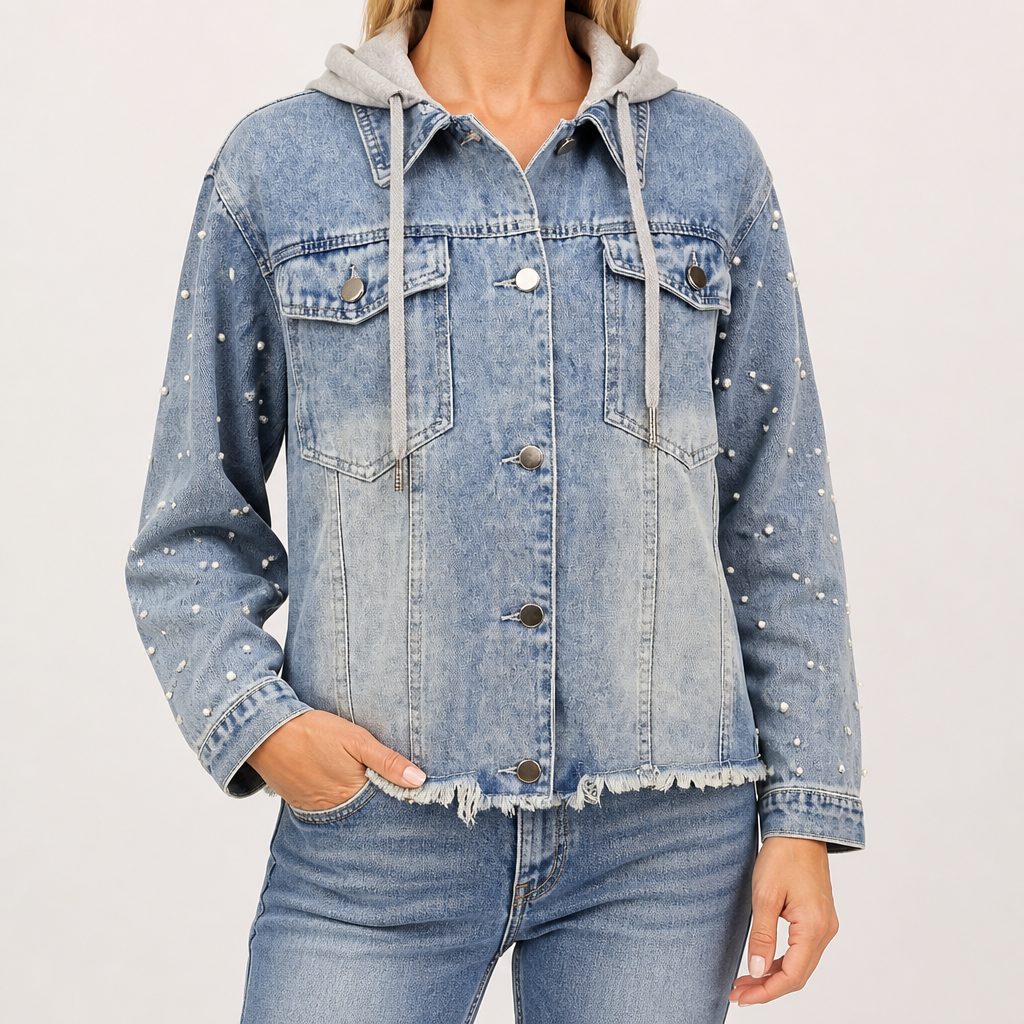 Cordelia | Womens Hooded Beaded Denim Jacket, Blue 2