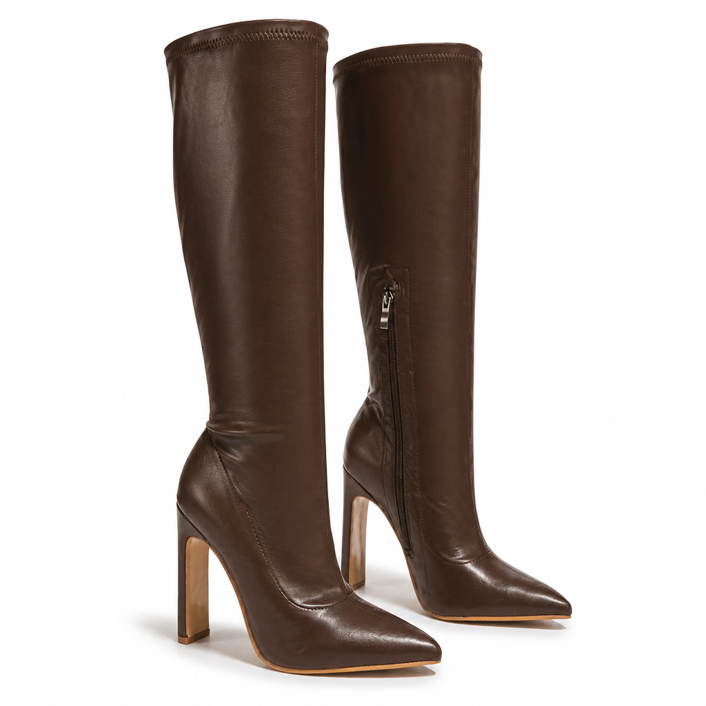 Verity | Womens Knight Boots Pointed Toe Stiletto Heel Ankle Boots Brown packshot