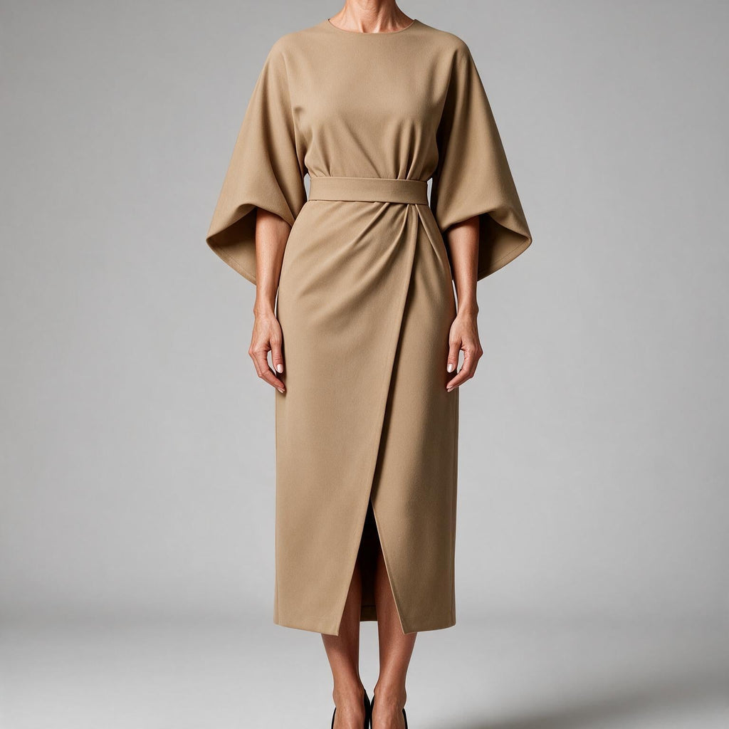 Rhoswen | Womens Wedding Guest Dresses Batwing Sleeve Maxi Elegant Dress Khaki