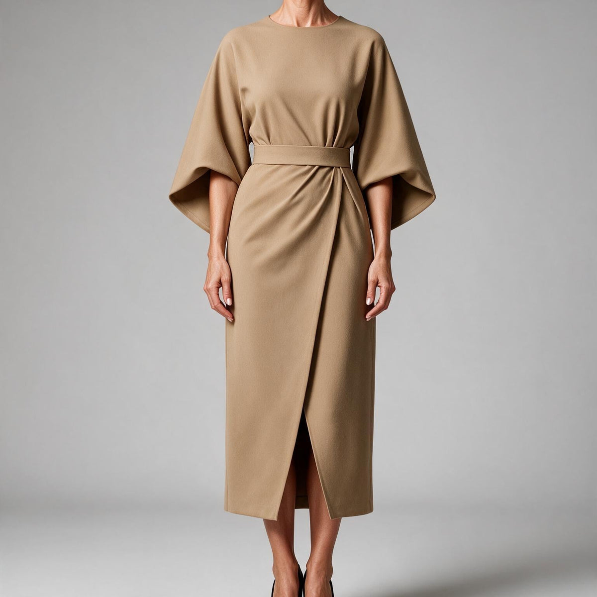 Rhoswen | Womens Wedding Guest Dresses Batwing Sleeve Maxi Elegant Dress Khaki