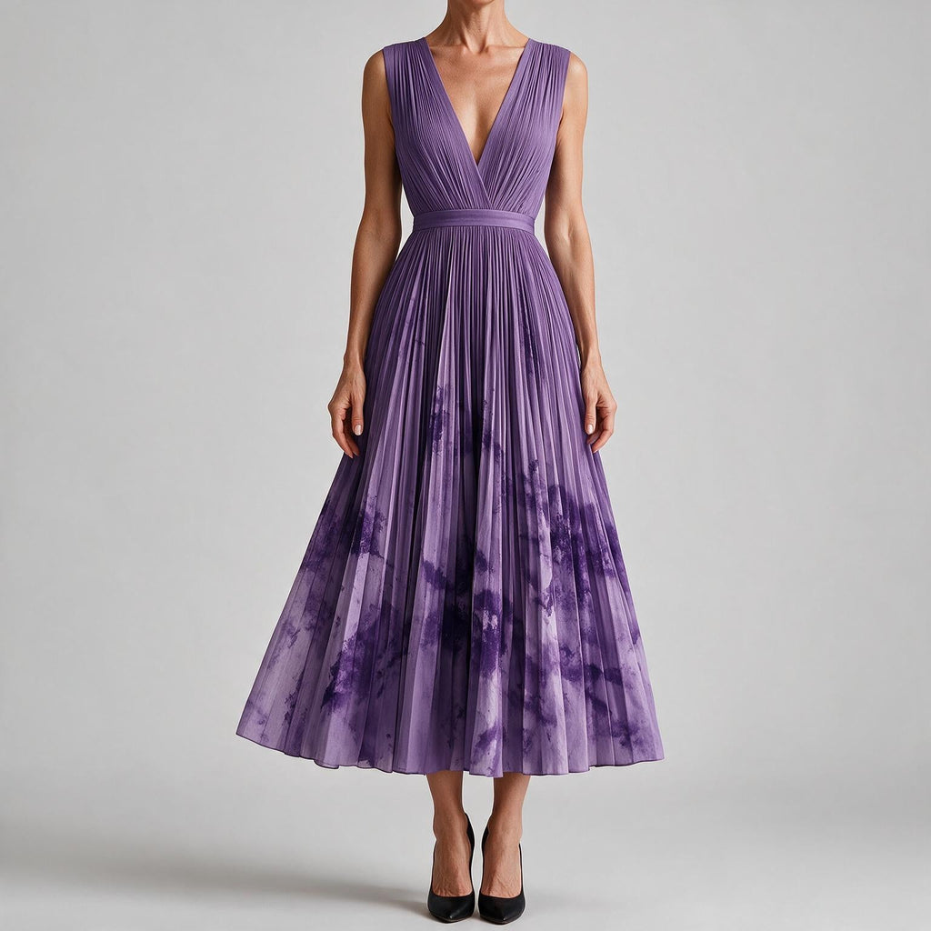 Seraphina | Womens Wedding Guest Maxi Summer Dresses Sleeveless Pleated Printed Dress Purple