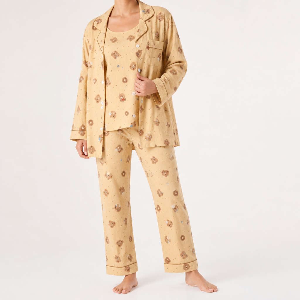 Rosalind | Womens Long Sleeve Button Up Cotton Pyjama Set Loungewear, Mustard