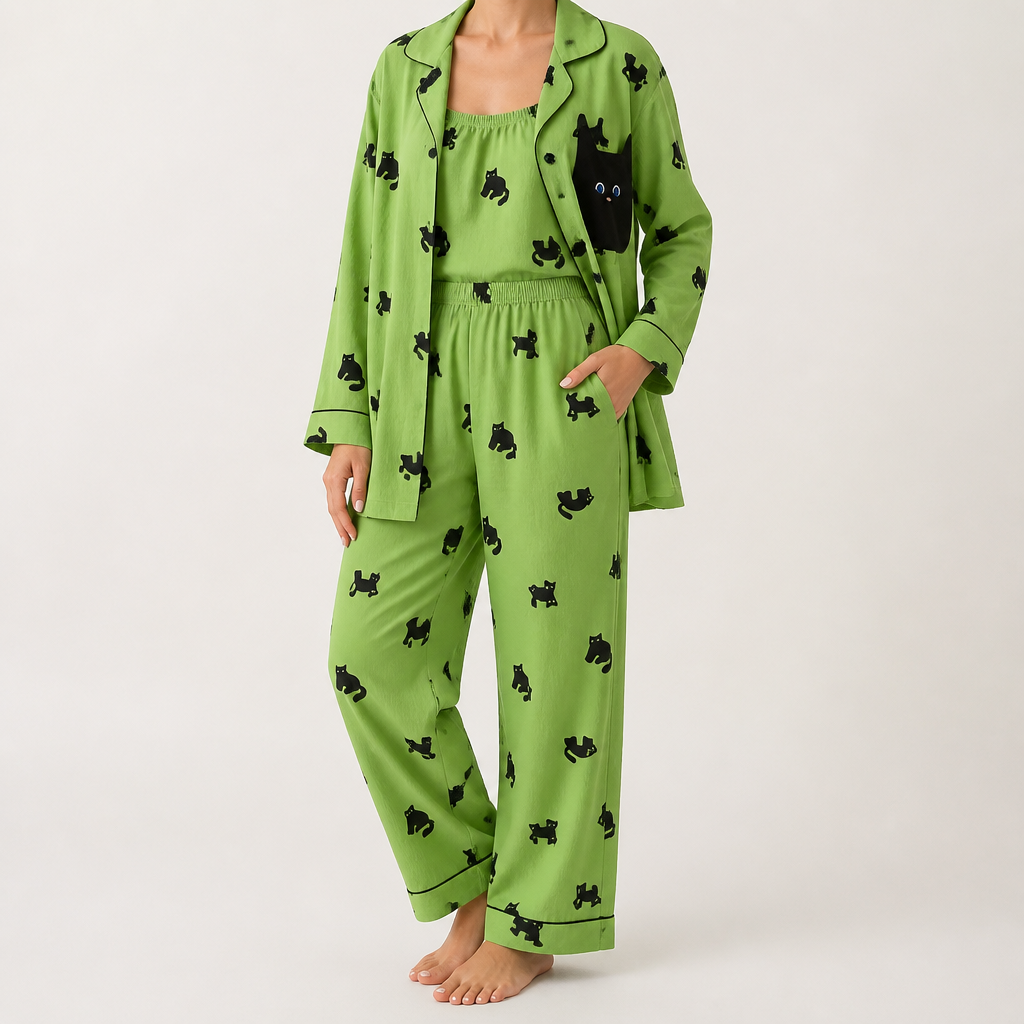 Rosalind | Womens Long Sleeve Button Up Cotton Pyjama Set Loungewear, Green 2