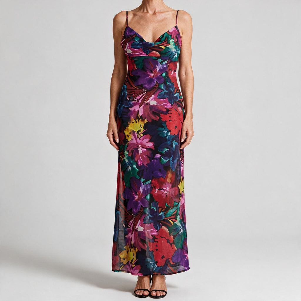 Saskia | Womens Floral Print Strappy Sleeveless Summer Slip Wedding Guest Dresses Purple