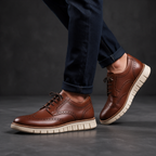 Redmond Wingtip Brogue Sneakers worn with jeans - Brown