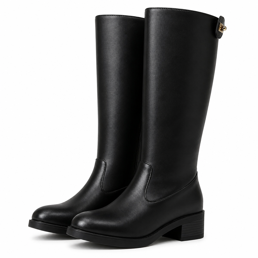 Juniper | Womens Knee High Chunky Heel Side Zip Boots Black 2 packshot