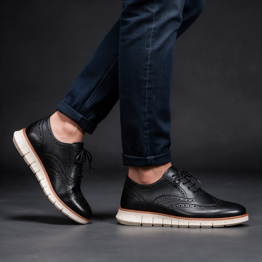 Redmond Wingtip Brogue Sneakers worn with jeans - Black