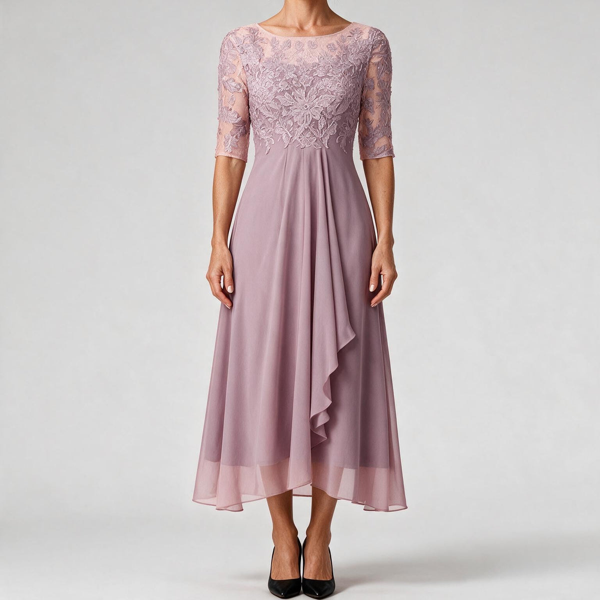 Isla | Womens Wedding Guest Dress Bridesmaid Cocktail Midi Lace Chiffon Dress Pink