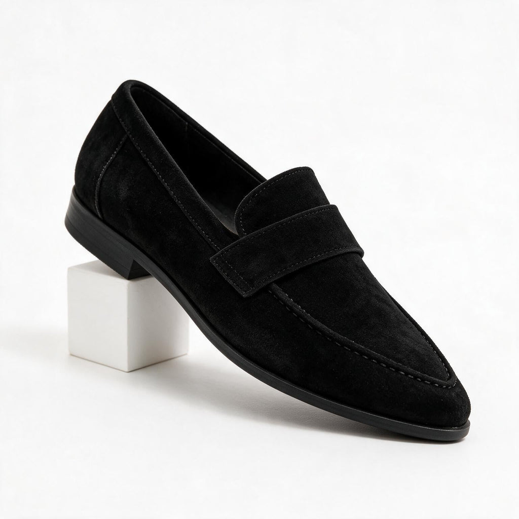 Sylvana | Womens Chunky Heel Pointed Toe Suede Court Shoes Heels Black packshot