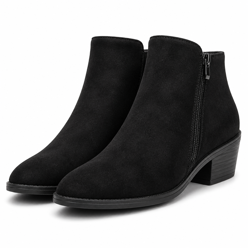 Vesper | Womens Ankle Boots Square Heel Side Zip Pointed Suede Boots Black packshot