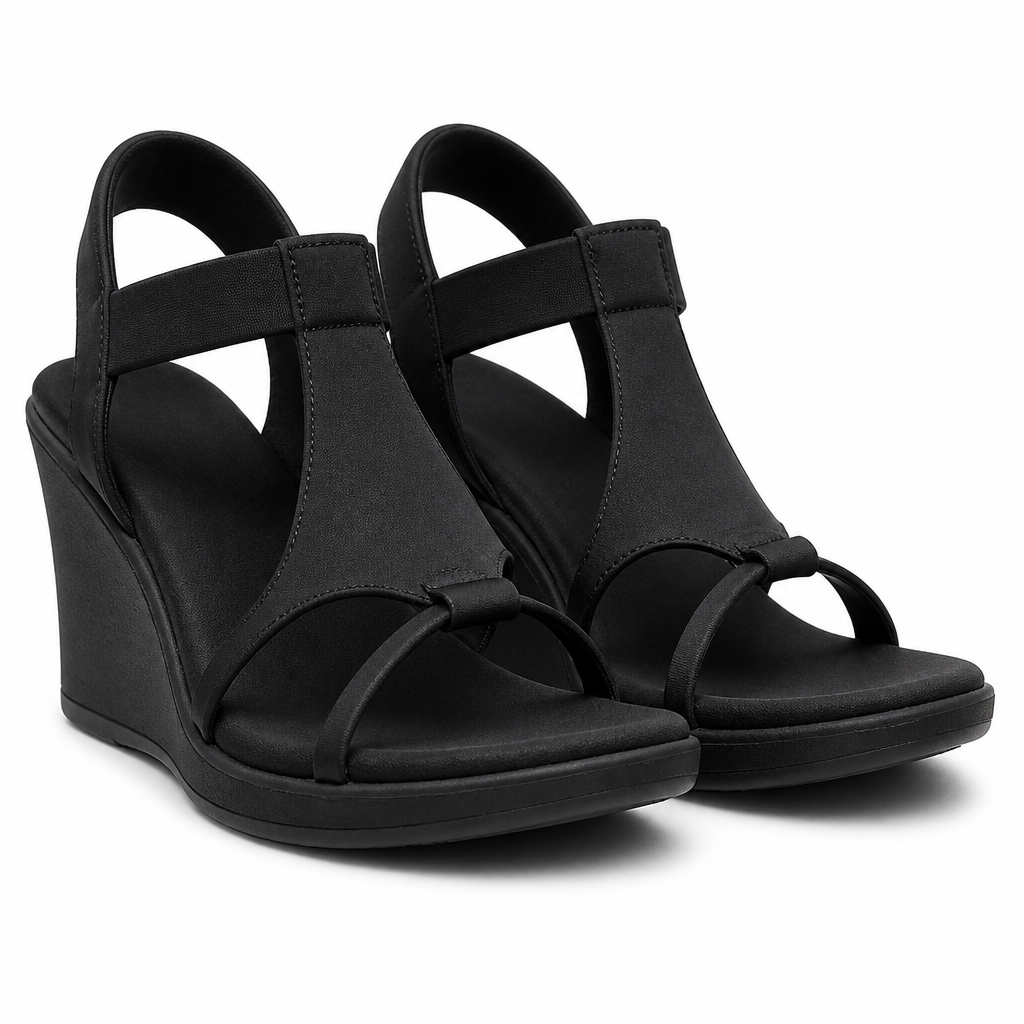 Romina | Womens Wedge Heel Sandals Roman Strappy Summer Comfort Sandals Black packshot