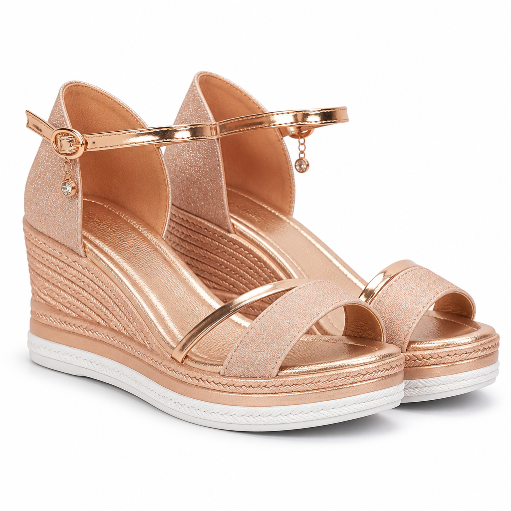 Oceane | Womens Platform Wedge Fish Mouth Black Peep Toe Sandals Rose Gold packshot