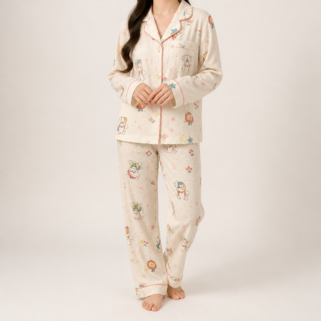 Beatrix | Womens Long Sleeve Cotton Pyjama Set Loungewear, Ivory 2