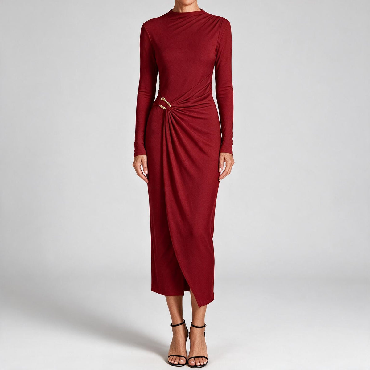 Petra | Womens Wedding Guest Long Sleeve Bodycon Midi Prom Dress Wine Red