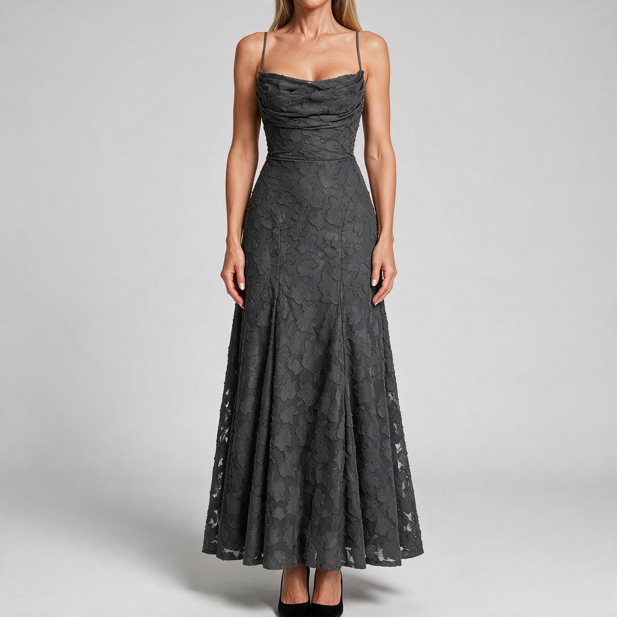 Colette | Womens Wedding Guest Maxi Lace A-Line High Waist Dresses Dark Grey