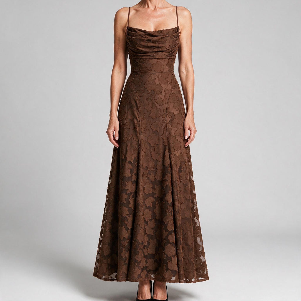 Colette | Womens Wedding Guest Maxi Lace A-Line High Waist Dresses Brown