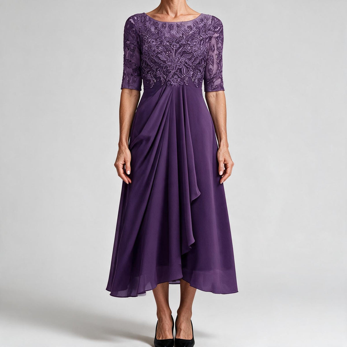 Isla | Womens Wedding Guest Dress Bridesmaid Cocktail Midi Lace Chiffon Dress Deep Purple