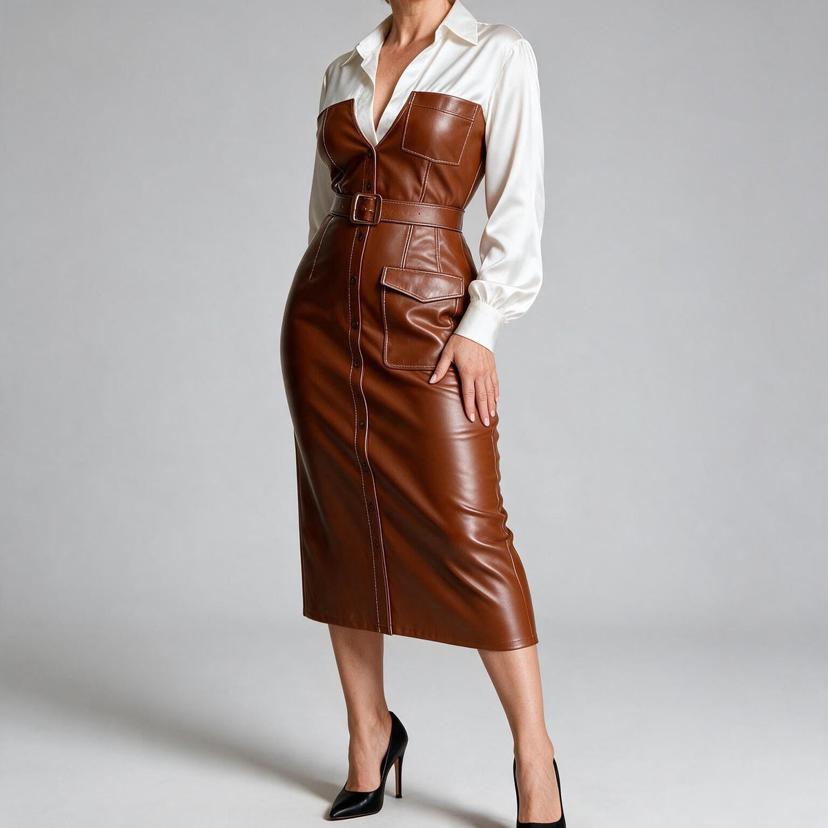 Aurelia | Womens Shirt Dress Long Sleeve Belted Leather Look Midi Dress