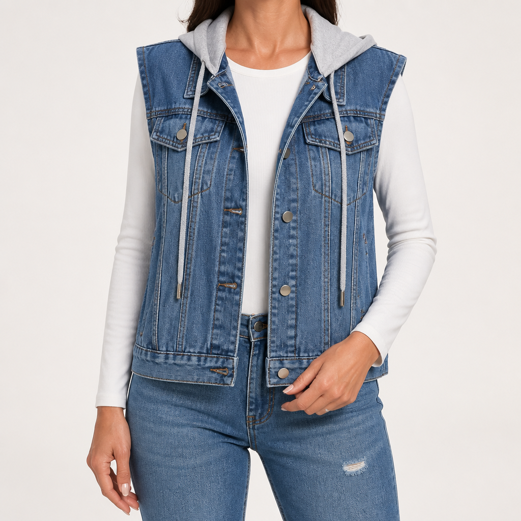 Genevieve | Womens Hooded Denim Gilet, Blue 2