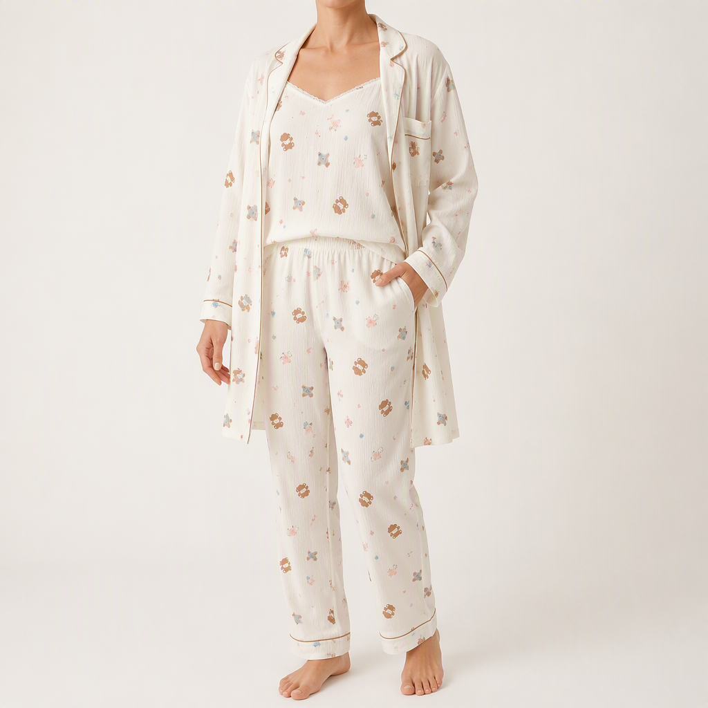 Rosalind | Womens Long Sleeve Button Up Cotton Pyjama Set Loungewear, Ivory 14