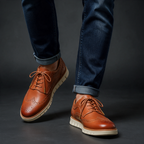 Redmond Wingtip Brogue Sneakers worn with jeans - Rust
