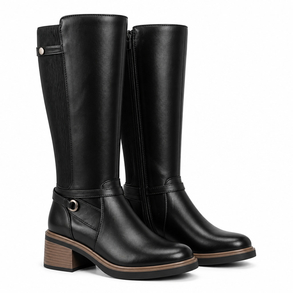 Juniper | Womens Knee High Chunky Heel Side Zip Boots Spliced square Head packshot
