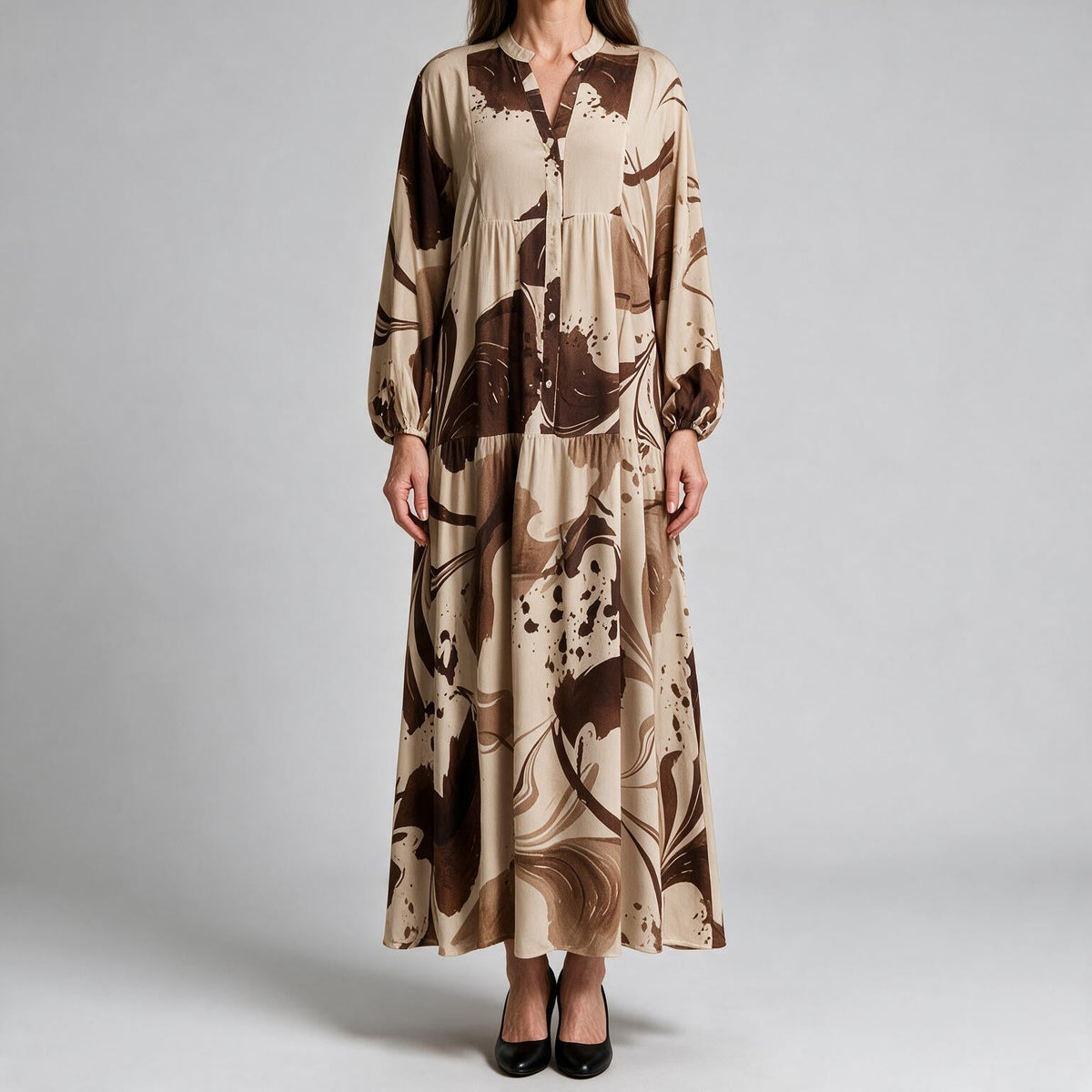 Ulric | Womens Dress Printed Long Sleeve V Neck Loose Maxi Dress Brown
