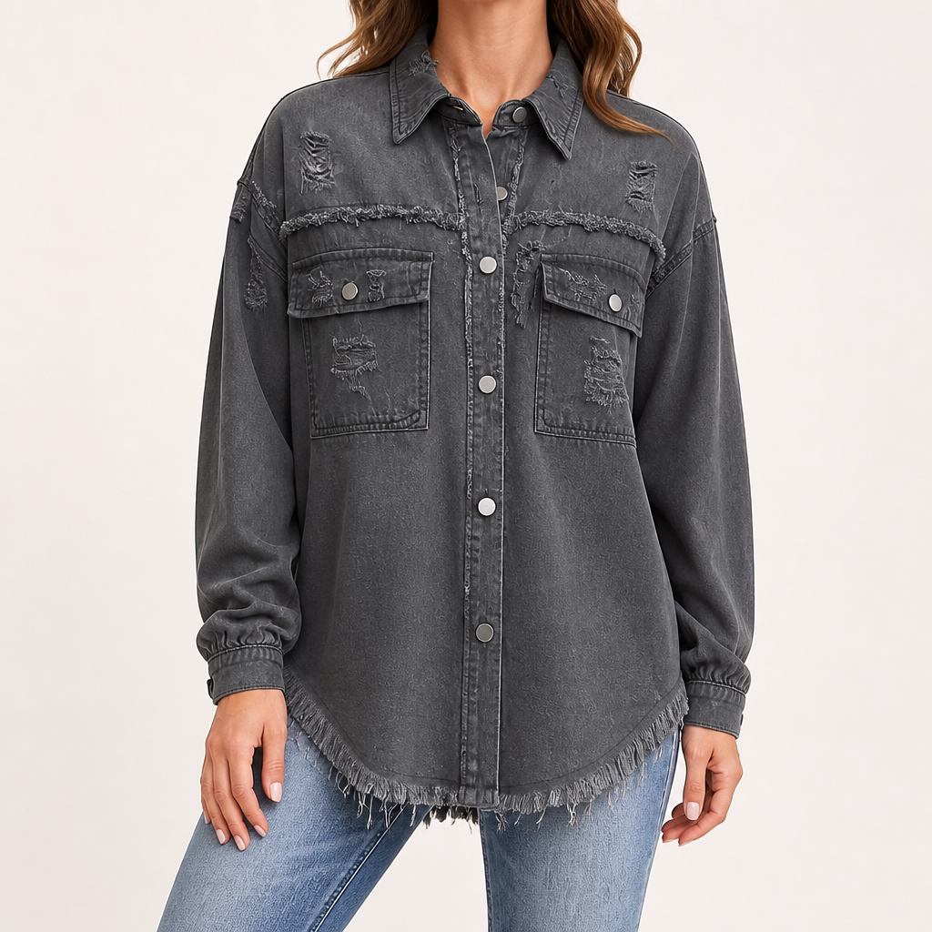 Genevieve | Womens Ripped Longline Denim Jacket, Grey
