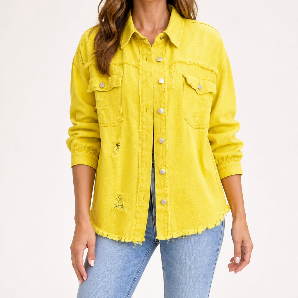 Clarissa | Womens Longline Distressed Denim Jacket, Yellow