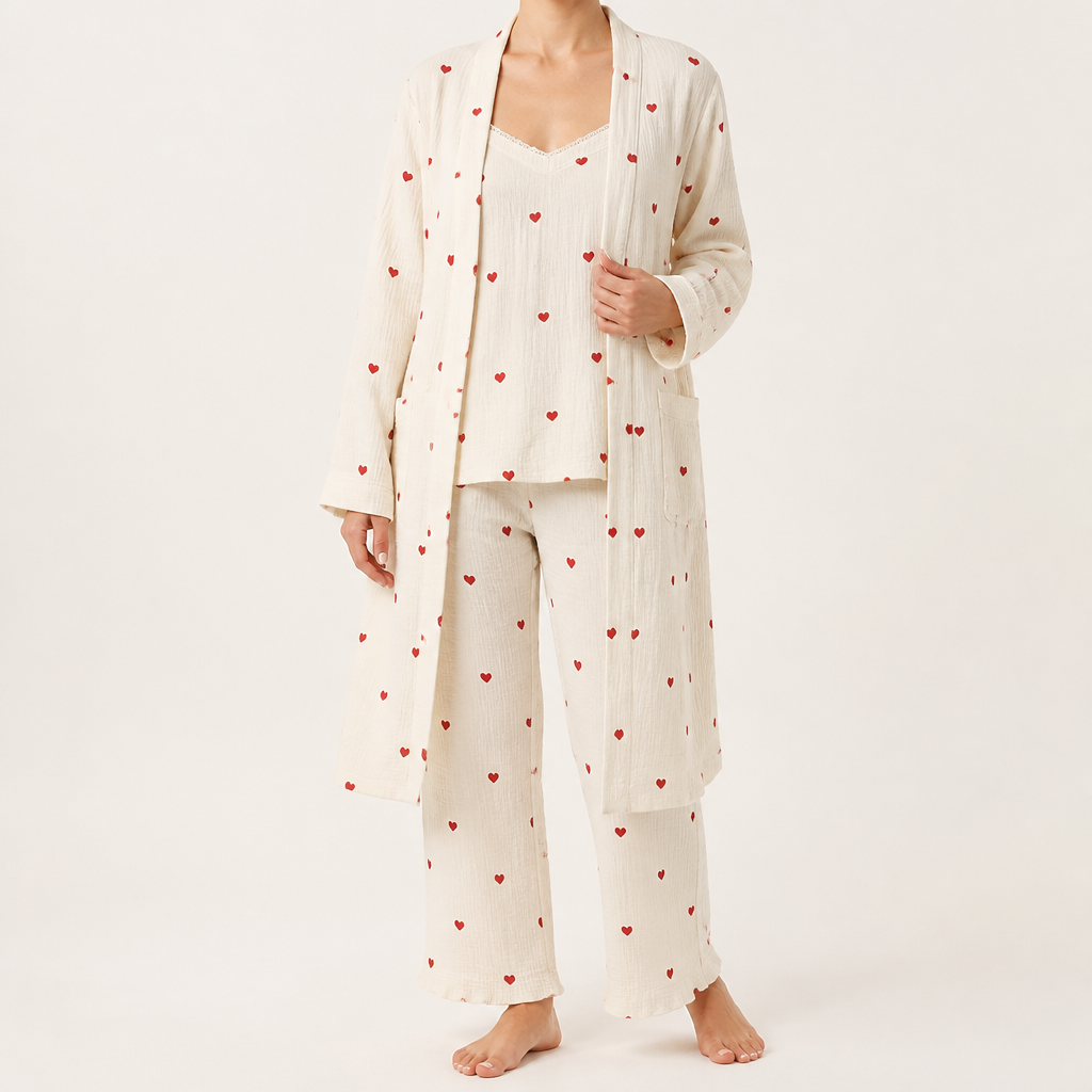 Delphine | Womens Cotton Pyjamas Heart Print Loungewear Set, Ivory