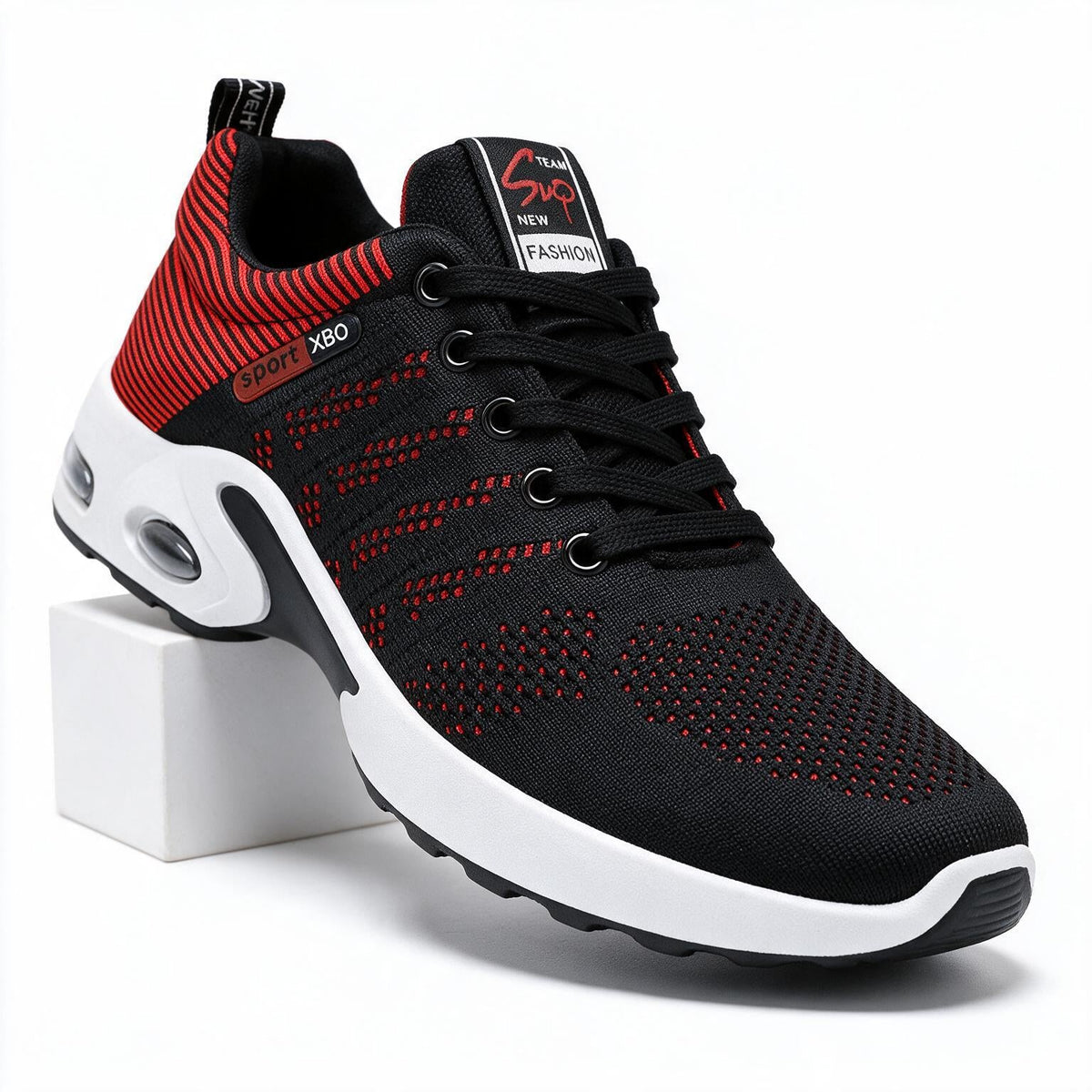 Tobin | Mens Knit Cushioned Running On Shoes Black Red packshot