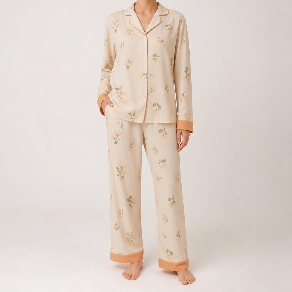 Arabella | Womens Cotton Long Sleeve Pyjama Set, Beige