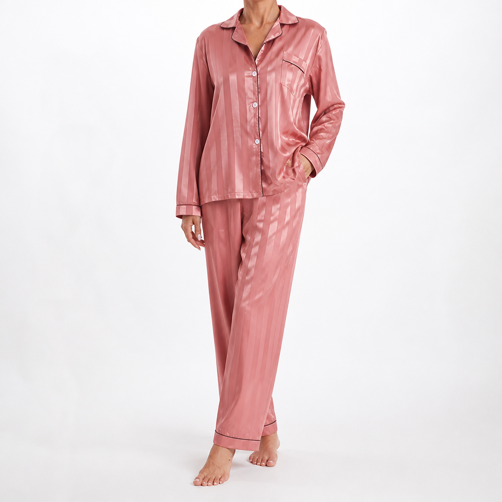 Amara | Womens Satin Jacquard Loungewear Pyjama Set, Rose Red