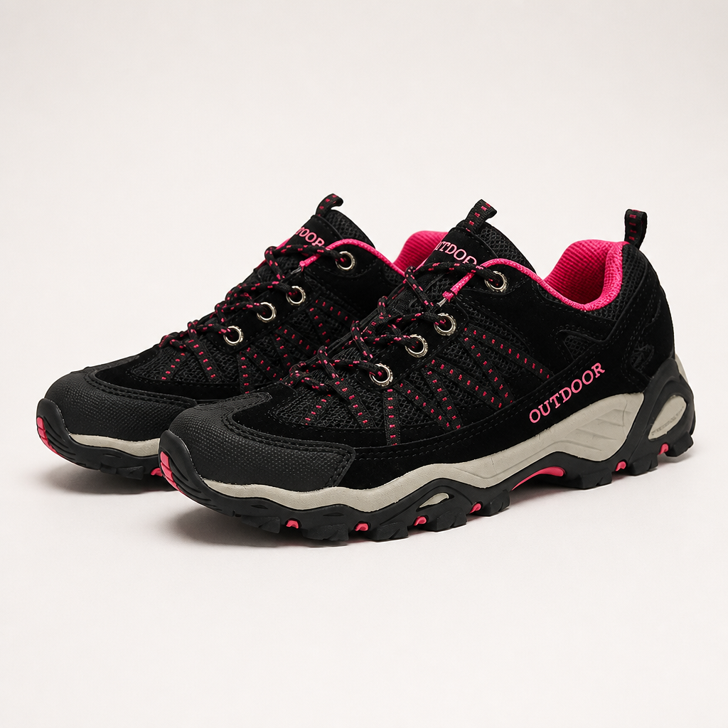 Delphine | Womens Leather Non Slip Breathable Walking Hiking Shoes, Black Plum