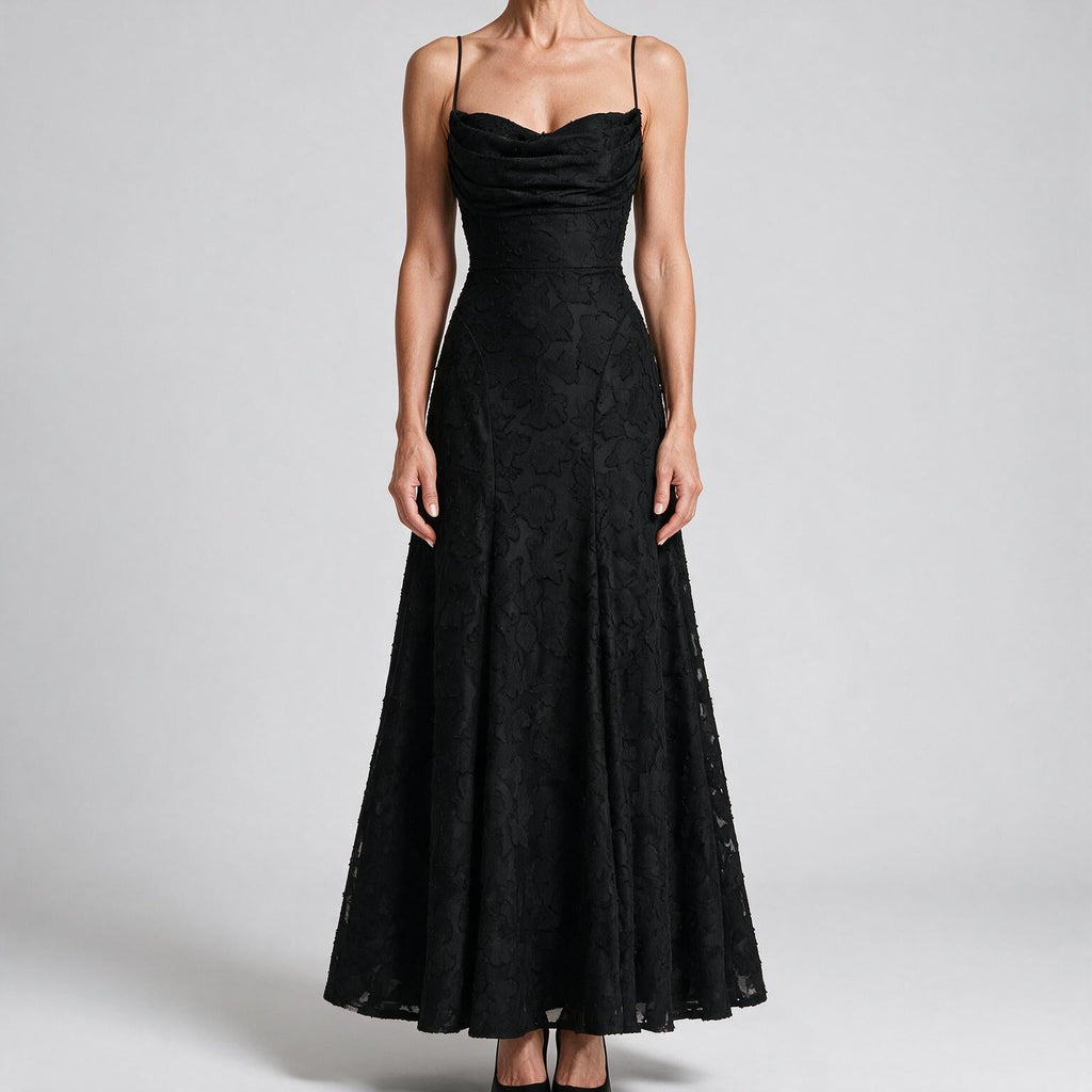 Colette | Womens Wedding Guest Maxi Lace A-Line High Waist Dresses Black