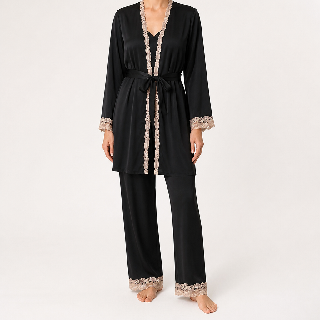 Beatrice | Womens Satin Cami Robe Lounge Set, Black