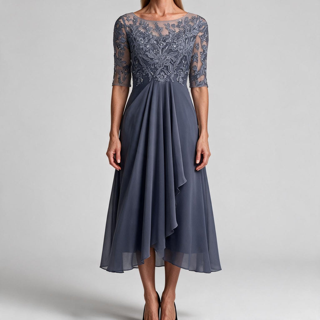 Isla | Womens Wedding Guest Dress Bridesmaid Cocktail Midi Lace Chiffon Dress Purple