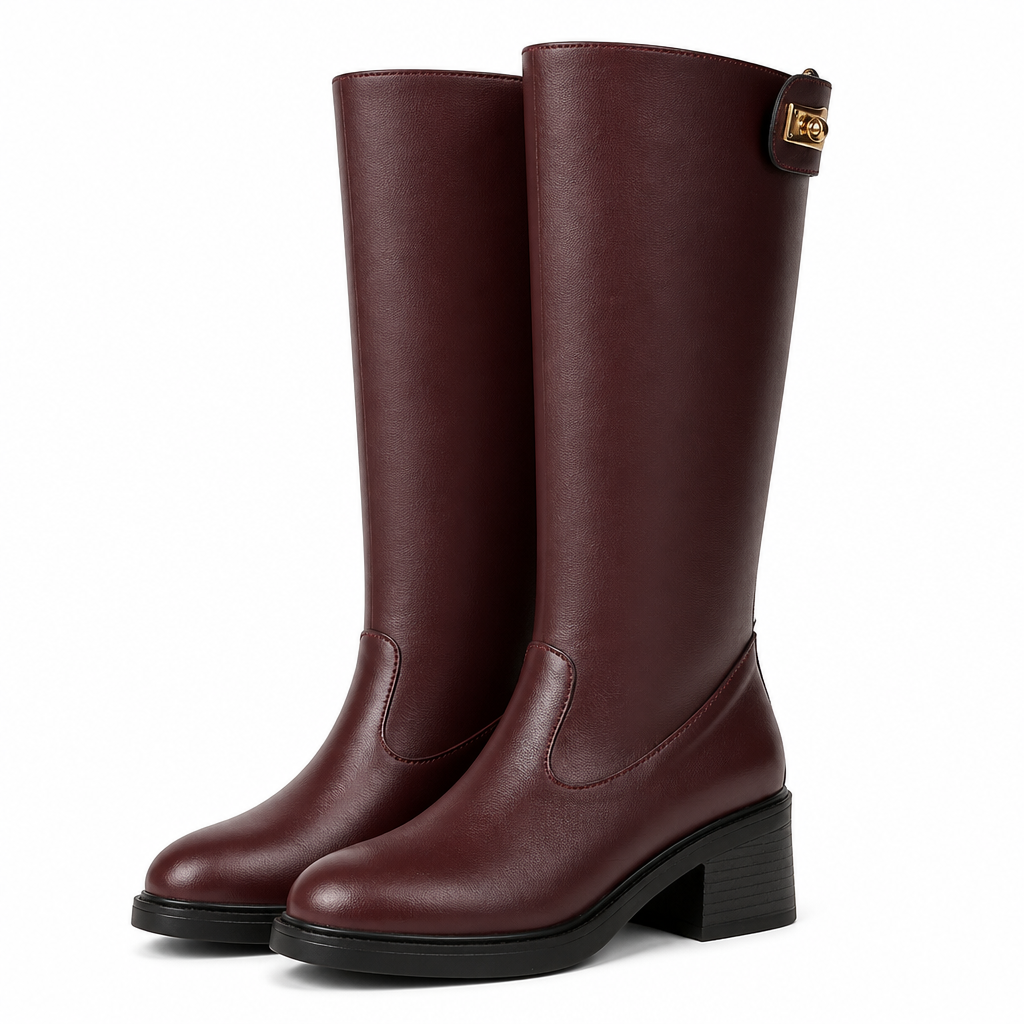 Juniper | Womens Knee High Chunky Heel Side Zip Boots Brown 2 packshot