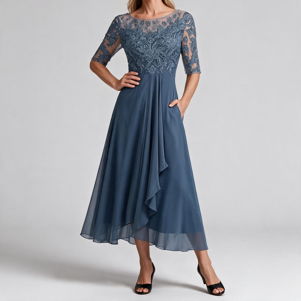 Isla | Womens Wedding Guest Dress Bridesmaid Cocktail Midi Lace Chiffon Dress