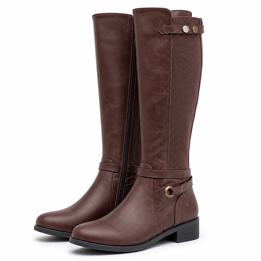 Juniper | Womens Knee High Chunky Heel Side Zip Boots Brown packshot