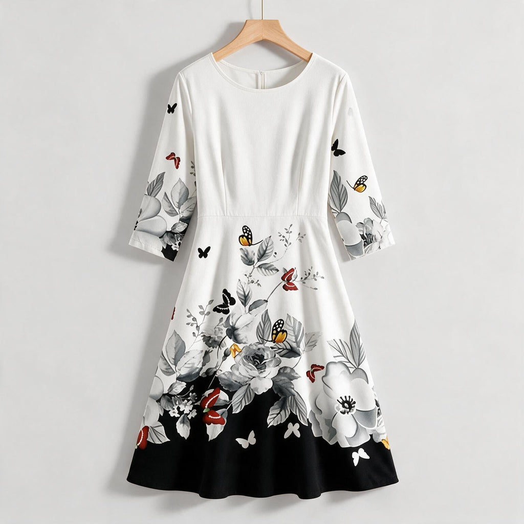 Marguerite | Womens Wedding Guest Floral Round Neck Straight Midi Dress on hanger