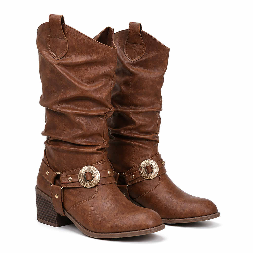 Romilly | Womens Cowboy Boots Studded Chunky Heel Western Long Boots Light Brown packshot