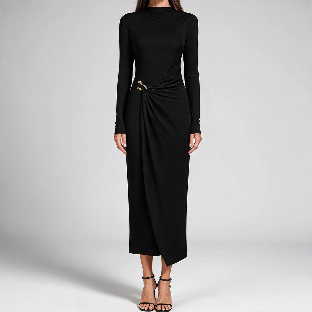 Petra | Womens Wedding Guest Long Sleeve Bodycon Midi Prom Dress Black