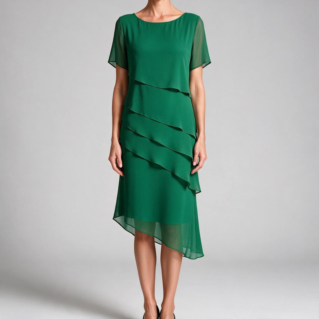 Yara | Womens Wedding Guest Chiffon Round Neck Short Sleeve Dresses Green