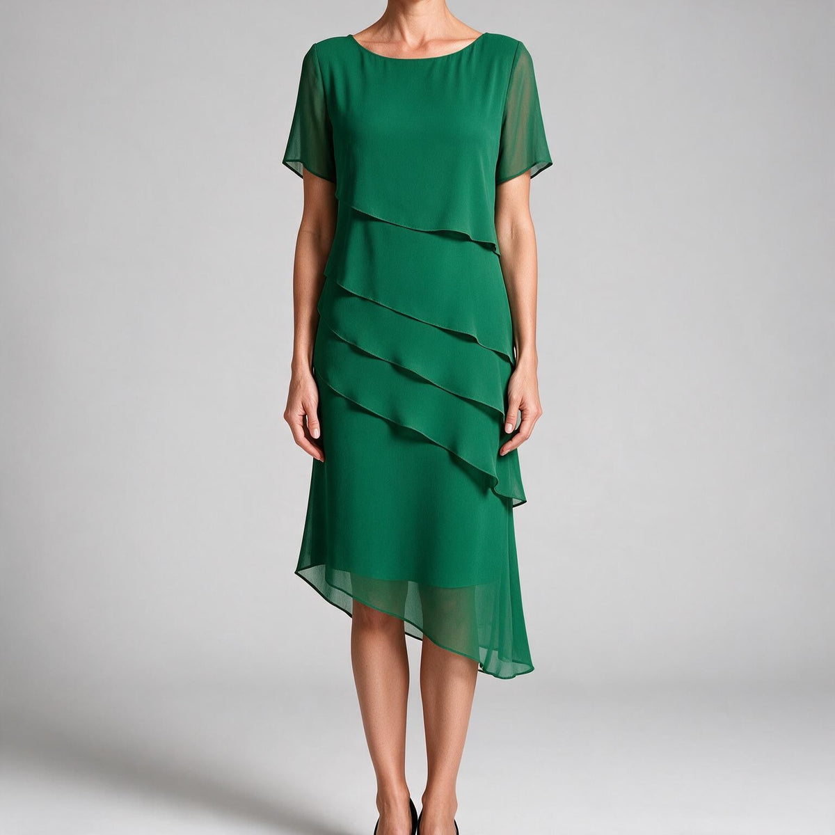 Yara | Womens Wedding Guest Chiffon Round Neck Short Sleeve Dresses Green