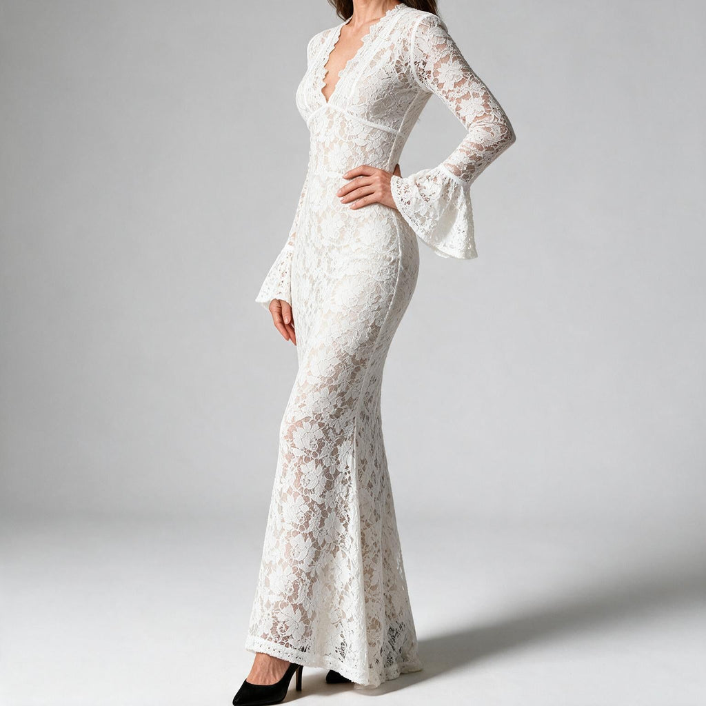 Eloise | Womens White Lace Maxi Wedding Guest Prom Evening Cocktail Formal Dresses