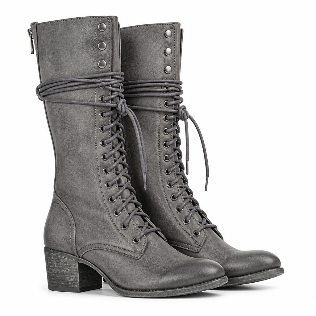 Isla | Womens Knee High Boots Lace Up Block Heel Boots Grey packshot