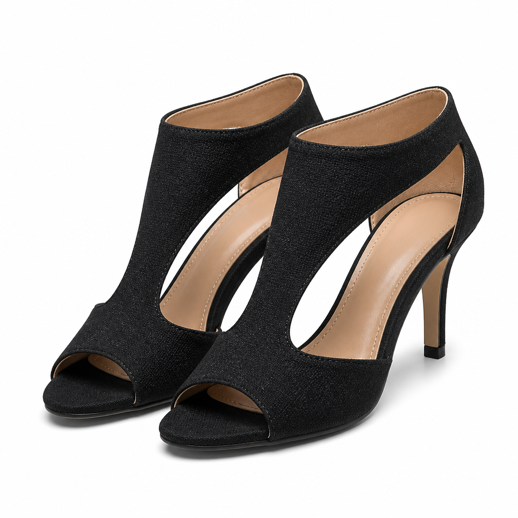 Esme | Womens Back Zip Peep Toe Thin Heel Sandals Black packshot