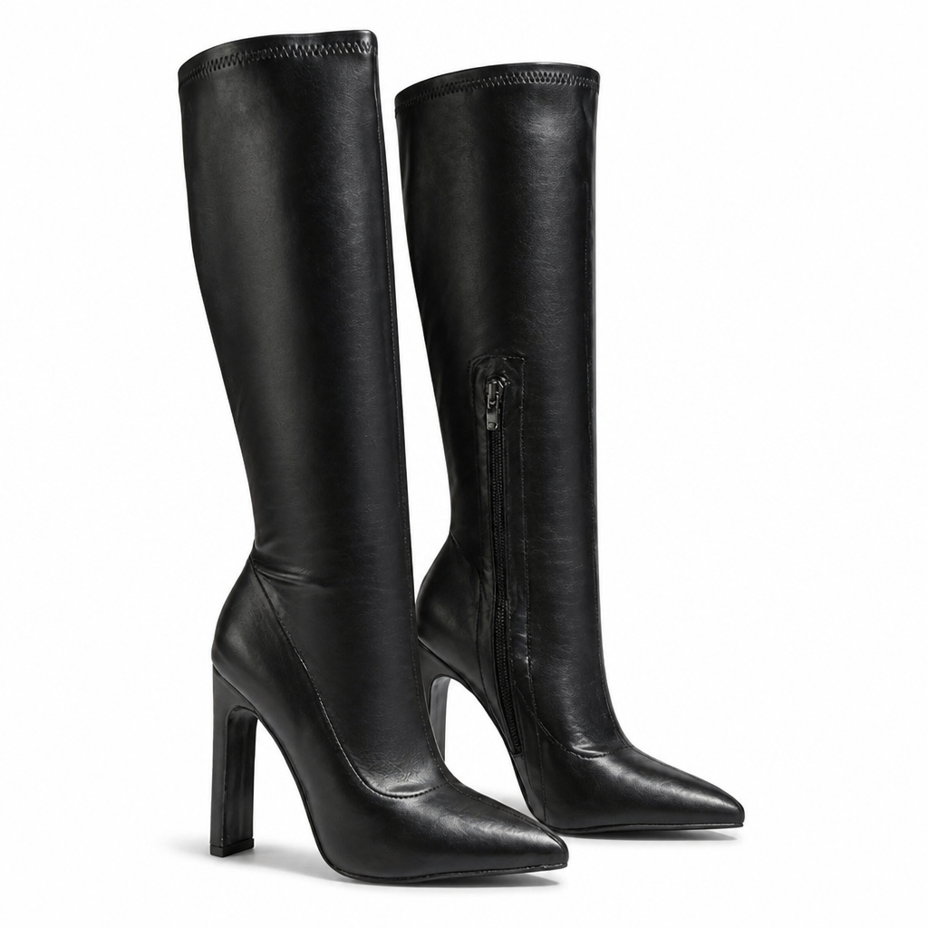 Verity | Womens Knight Boots Pointed Toe Stiletto Heel Ankle Boots Black packshot